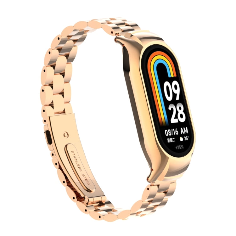 For Xiaomi Mi Band 8 Integrated Metal Case + Three-bead Watch Band(Rose Gold) - Smart Wear by PMC Jewellery | Online Shopping South Africa | PMC Jewellery