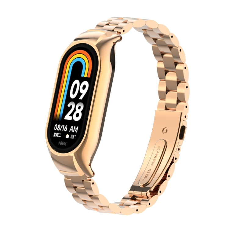 For Xiaomi Mi Band 8 Integrated Metal Case + Three-bead Watch Band(Rose Gold) - Smart Wear by PMC TechLife | Online Shopping South Africa | PMC TechLife