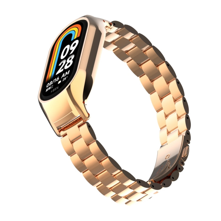 For Xiaomi Mi Band 8 Integrated Metal Case + Three-bead Watch Band(Rose Gold) - Smart Wear by PMC TechLife | Online Shopping South Africa | PMC TechLife