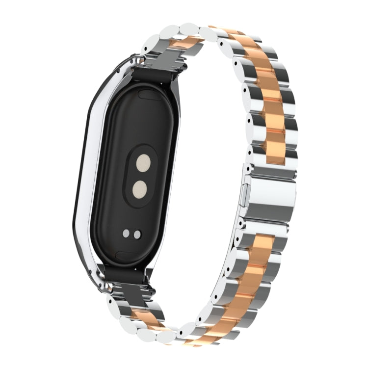 For Xiaomi Mi Band 8 Integrated Metal Case + Three-bead Watch Band(Silver+Rose Gold) - Smart Wear by PMC TechLife | Online Shopping South Africa | PMC TechLife