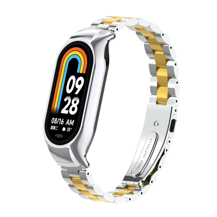 For Xiaomi Mi Band 8 Integrated Metal Case + Three-bead Watch Band(Silver+Gold) - Smart Wear by PMC Jewellery | Online Shopping South Africa | PMC Jewellery