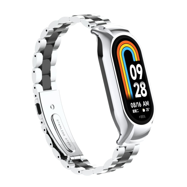 For Xiaomi Mi Band 8 Integrated Metal Case + Three-bead Watch Band(Silver+Black) - Smart Wear by PMC TechLife | Online Shopping South Africa | PMC TechLife