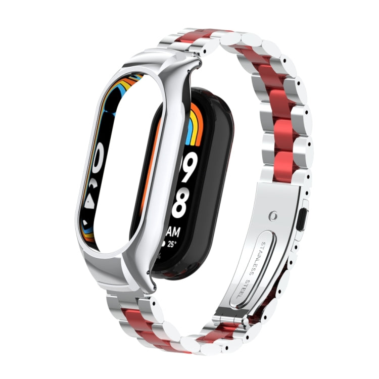 For Xiaomi Mi Band 8 Integrated Metal Case + Three-bead Watch Band(Silver+Red) - Smart Wear by PMC TechLife | Online Shopping South Africa | PMC TechLife