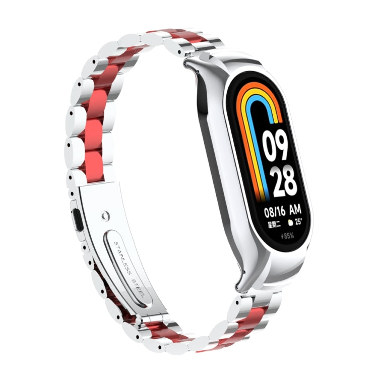 For Xiaomi Mi Band 8 Integrated Metal Case + Three-bead Watch Band(Silver+Red) - Smart Wear by PMC TechLife | Online Shopping South Africa | PMC TechLife
