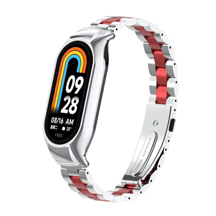For Xiaomi Mi Band 8 Integrated Metal Case + Three-bead Watch Band(Silver+Red) - Smart Wear by PMC TechLife | Online Shopping South Africa | PMC TechLife