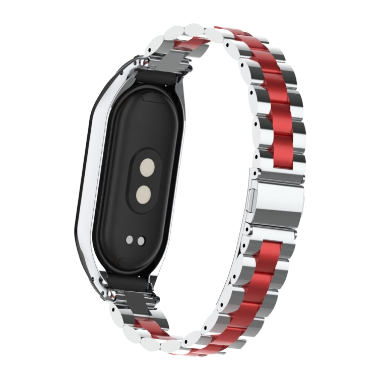 For Xiaomi Mi Band 8 Integrated Metal Case + Three-bead Watch Band(Silver+Red) - Smart Wear by PMC TechLife | Online Shopping South Africa | PMC TechLife