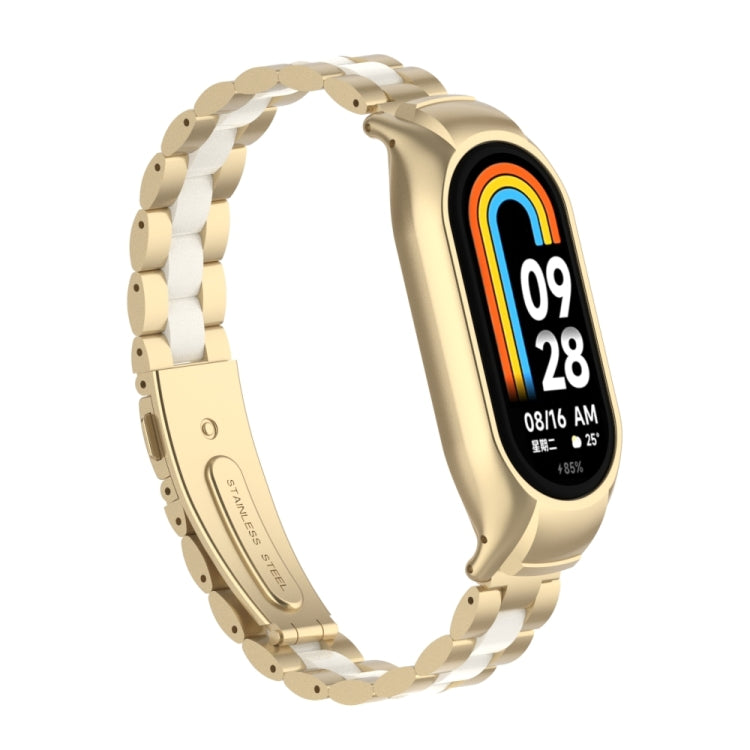 For Xiaomi Mi Band 8 Integrated Metal Case + Three-bead Watch Band(Champagne+White) - Smart Wear by PMC TechLife | Online Shopping South Africa | PMC TechLife