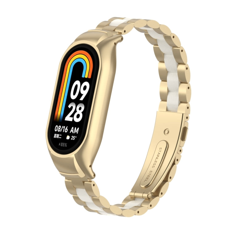 For Xiaomi Mi Band 8 Integrated Metal Case + Three-bead Watch Band(Champagne+White) - Smart Wear by PMC TechLife | Online Shopping South Africa | PMC TechLife