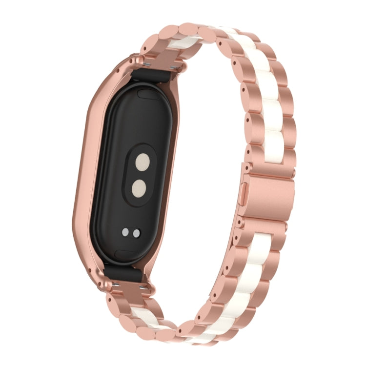 For Xiaomi Mi Band 8 Integrated Metal Case + Three-bead Watch Band(Rose Red+White) - Smart Wear by PMC TechLife | Online Shopping South Africa | PMC TechLife
