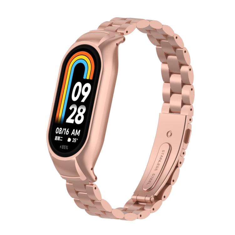For Xiaomi Mi Band 8 Integrated Metal Case + Three-bead Watch Band(Rose Red) - Smart Wear by PMC TechLife | Online Shopping South Africa | PMC TechLife