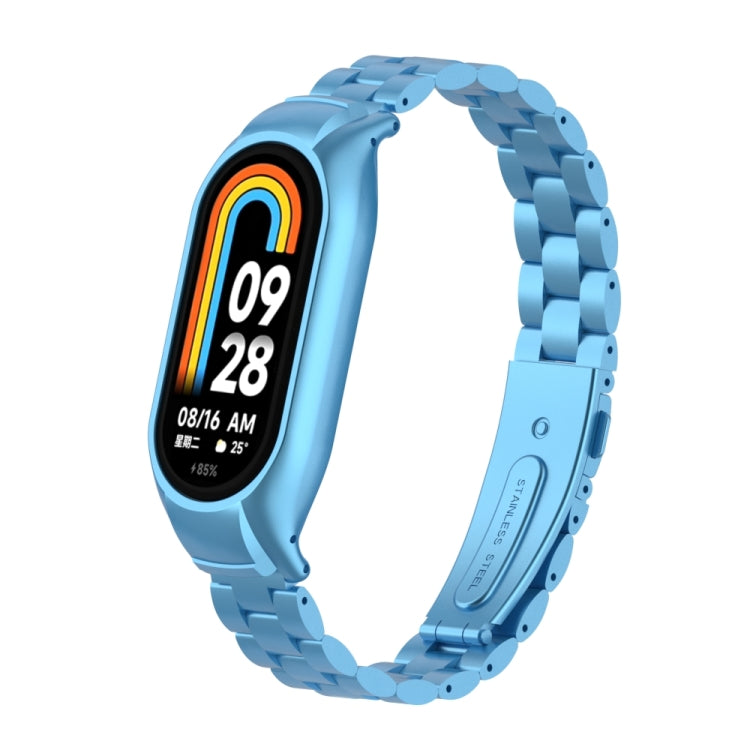 For Xiaomi Mi Band 8 Integrated Metal Case + Three-bead Watch Band(Sky Blue) - Smart Wear by PMC TechLife | Online Shopping South Africa | PMC TechLife