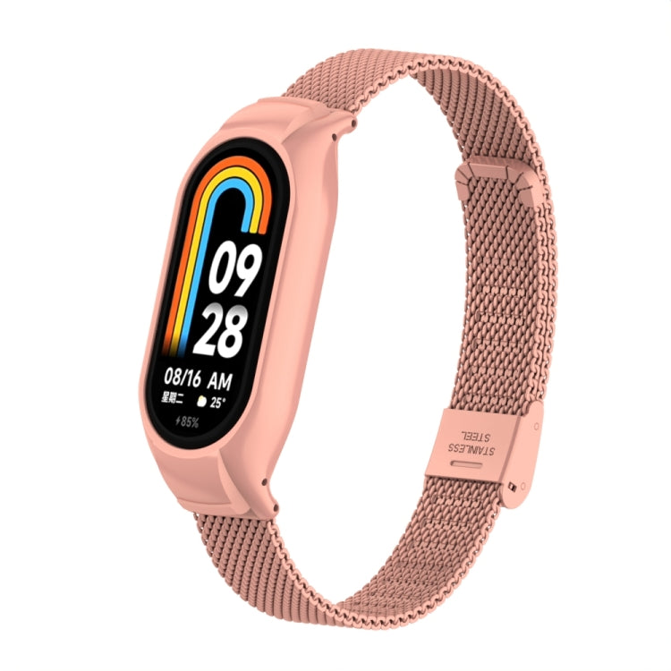 For Xiaomi Mi Band 8 Integrated Metal Case + Steel Mesh Buckle Watch Band(Bright Pink) - Smart Wear by PMC TechLife | Online Shopping South Africa | PMC TechLife