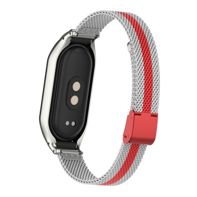 For Xiaomi Mi Band 8 Integrated Metal Case + Steel Mesh Buckle Watch Band(Silver+Red) - Smart Wear by PMC TechLife | Online Shopping South Africa | PMC TechLife