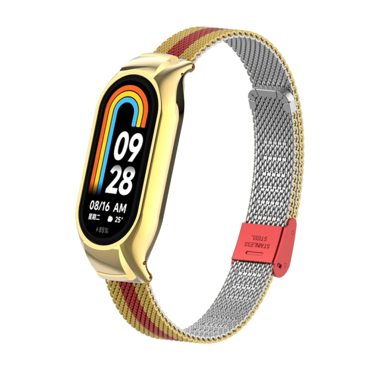 For Xiaomi Mi Band 8 Integrated Metal Case + Steel Mesh Buckle Watch Band(Gold+Red) - Smart Wear by PMC TechLife | Online Shopping South Africa | PMC TechLife