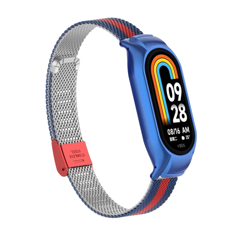 For Xiaomi Mi Band 8 Integrated Metal Case + Steel Mesh Buckle Watch Band(Blue+Red) - Smart Wear by PMC TechLife | Online Shopping South Africa | PMC TechLife