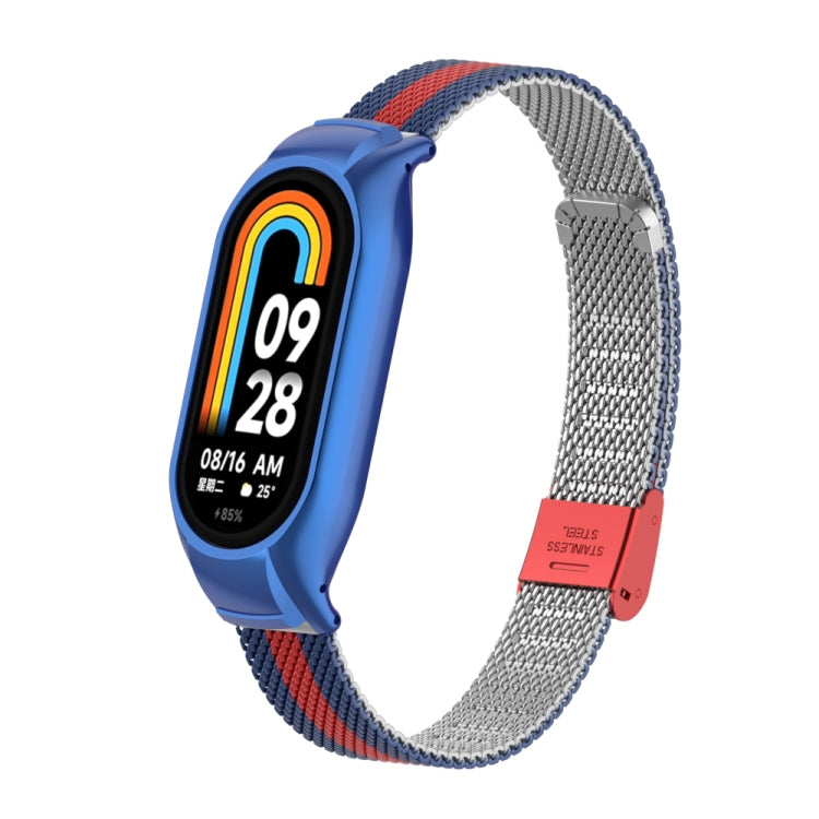 For Xiaomi Mi Band 8 Integrated Metal Case + Steel Mesh Buckle Watch Band(Blue+Red) - Smart Wear by PMC TechLife | Online Shopping South Africa | PMC TechLife