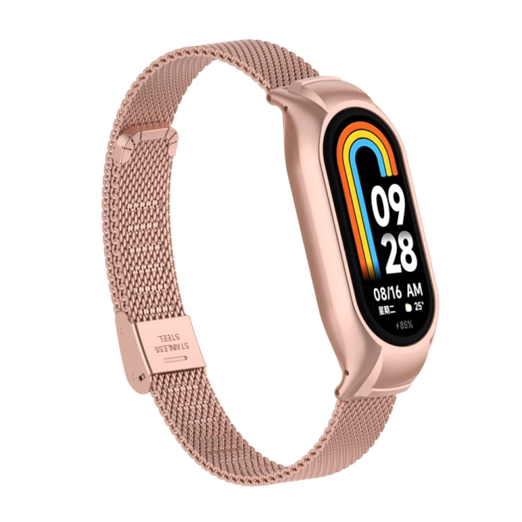 For Xiaomi Mi Band 8 Integrated Metal Case + Steel Mesh Buckle Watch Band(Rose Red) - Smart Wear by PMC TechLife | Online Shopping South Africa | PMC TechLife