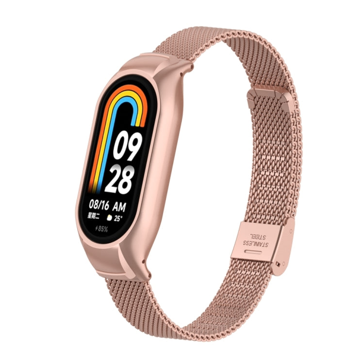 For Xiaomi Mi Band 8 Integrated Metal Case + Steel Mesh Buckle Watch Band(Rose Red) - Smart Wear by PMC TechLife | Online Shopping South Africa | PMC TechLife