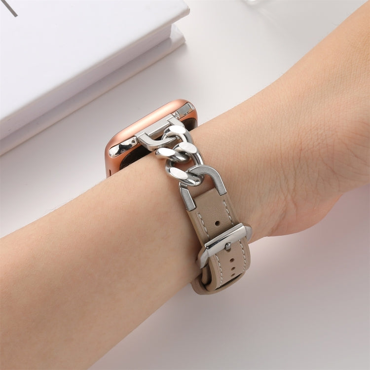 Chain Genuine Leather Watch Band For Apple Watch Ultra 49mm / Series 8&7 45mm / SE 2&6&SE&5&4 44mm / 3&2&1 42mm, Size:S(Apricot) - Smart Wear by PMC TechLife | Online Shopping South Africa | PMC TechLife