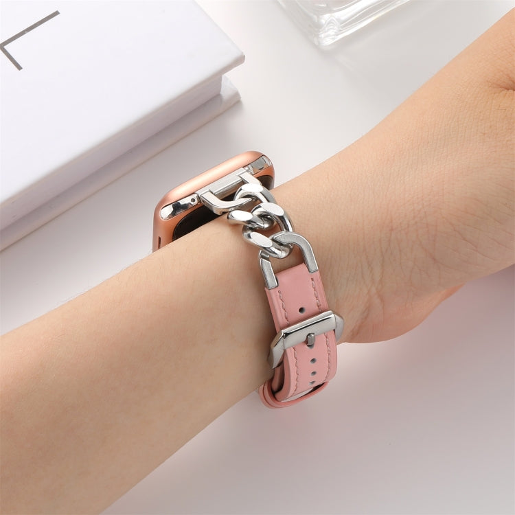 Chain Genuine Leather Watch Band For Apple Watch Ultra 49mm / Series 8&7 45mm / SE 2&6&SE&5&4 44mm / 3&2&1 42mm, Size:L(Pink) - Smart Wear by PMC TechLife | Online Shopping South Africa | PMC TechLife