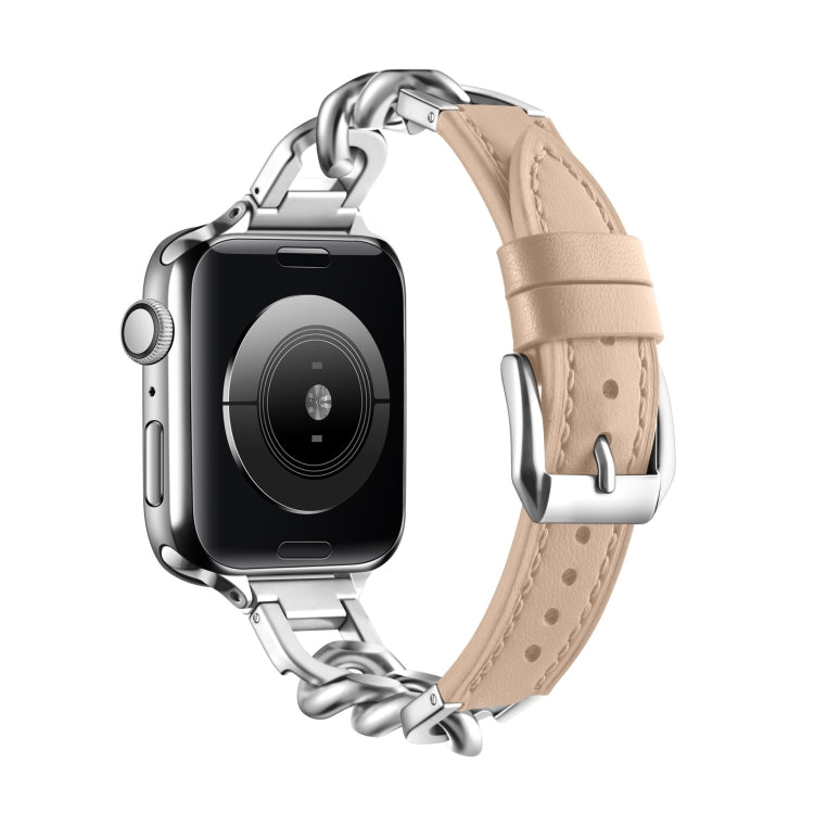 Chain Genuine Leather Watch Band For Apple Watch Ultra 49mm / Series 8&7 45mm / SE 2&6&SE&5&4 44mm / 3&2&1 42mm, Size:L(Apricot) - Smart Wear by PMC TechLife | Online Shopping South Africa | PMC TechLife