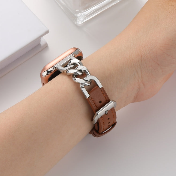 Chain Genuine Leather Watch Band For Apple Watch Ultra 49mm / Series 8&7 45mm / SE 2&6&SE&5&4 44mm / 3&2&1 42mm, Size:L(Brown) - Smart Wear by PMC TechLife | Online Shopping South Africa | PMC TechLife