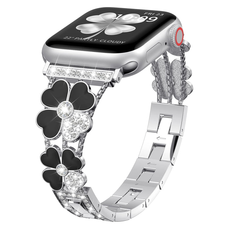 For Apple Watch 8 41mm Petal Metal Diamond Watch Band(Silver+Black) - Watch Bands by PMC Jewellery | Online Shopping South Africa | PMC Jewellery