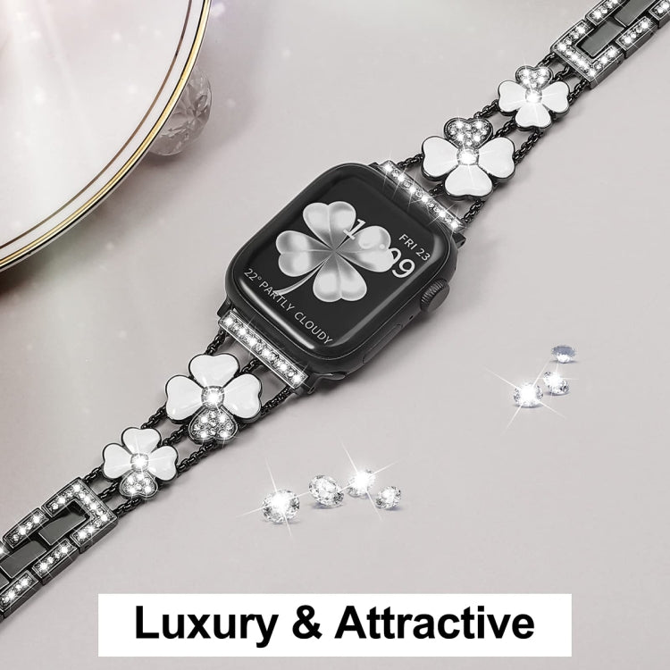 For Apple Watch 7 45mm Petal Metal Diamond Watch Band(Black+White) - Watch Bands by PMC Jewellery | Online Shopping South Africa | PMC Jewellery