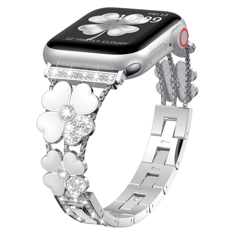 For Apple Watch SE 44mm Petal Metal Diamond Watch Band(Silver+White) - Watch Bands by PMC Jewellery | Online Shopping South Africa | PMC Jewellery