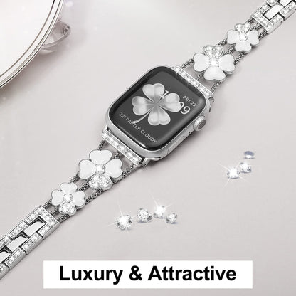 For Apple Watch SE 44mm Petal Metal Diamond Watch Band(Silver+White) - Watch Bands by PMC Jewellery | Online Shopping South Africa | PMC Jewellery