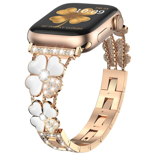 For Apple Watch 6 44mm Petal Metal Diamond Watch Band(Rose Gold+White) - Watch Bands by PMC Jewellery | Online Shopping South Africa | PMC Jewellery