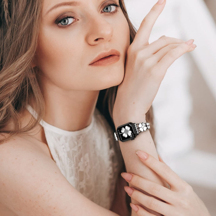For Apple Watch 3 42mm Petal Metal Diamond Watch Band(Black+White) -  by PMC TechLife | Online Shopping South Africa | PMC TechLife