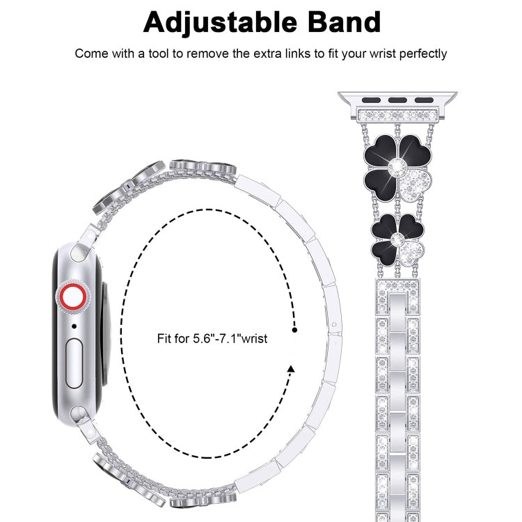 For Apple Watch 42mm Petal Metal Diamond Watch Band(Silver+Black) - Watch Bands by PMC Jewellery | Online Shopping South Africa | PMC Jewellery