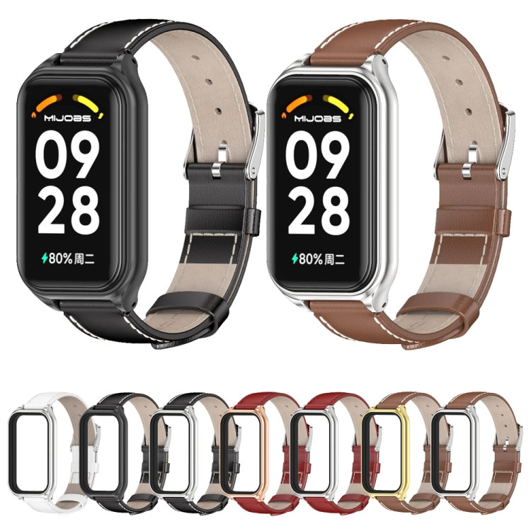 For Redmi Band 2 Mijobs Metal Shell Genuine Leather Watch Band(Brown Silver) -  by MIJOBS | Online Shopping South Africa | PMC Jewellery