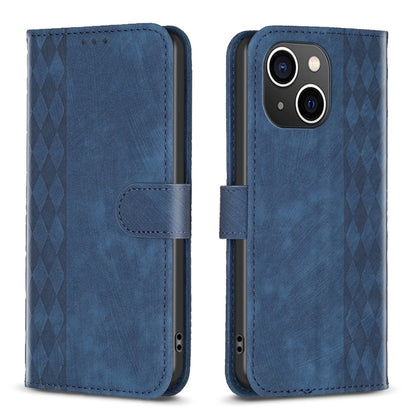 For iPhone 14 Plaid Embossed Leather Phone Case(Blue) - iPhone 14 Cases by PMC Jewellery | Online Shopping South Africa | PMC Jewellery