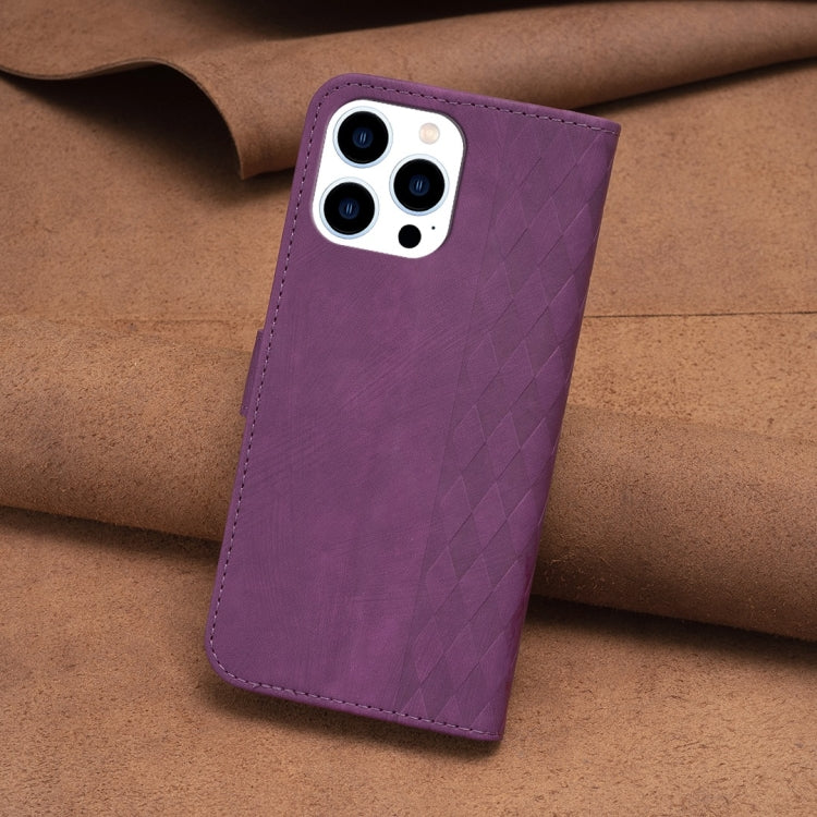 For iPhone 14 Pro Plaid Embossed Leather Phone Case(Purple) - iPhone 14 Pro Cases by PMC Jewellery | Online Shopping South Africa | PMC Jewellery