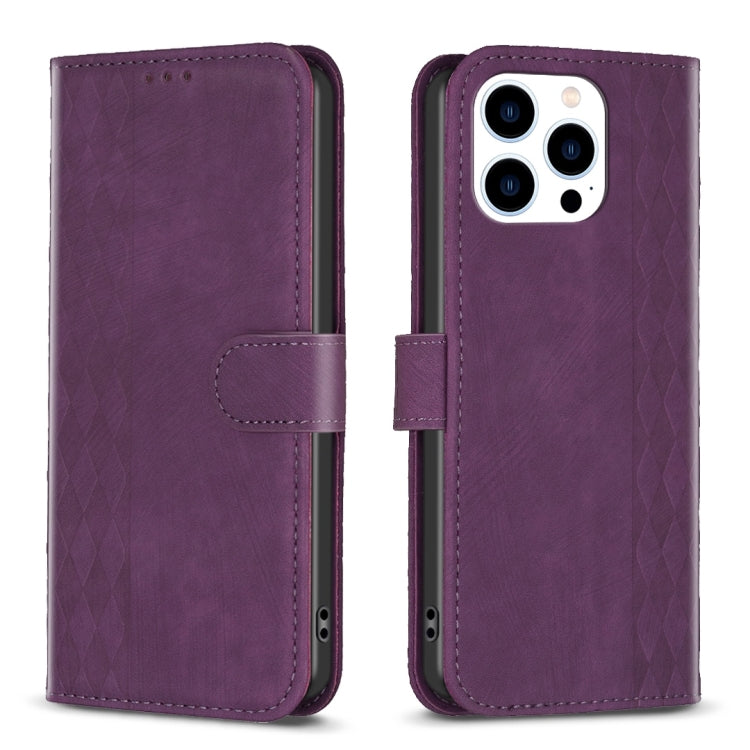 For iPhone 13 Pro Max Plaid Embossed Leather Phone Case(Purple) - free shipping - PMC TechLife - Order now!