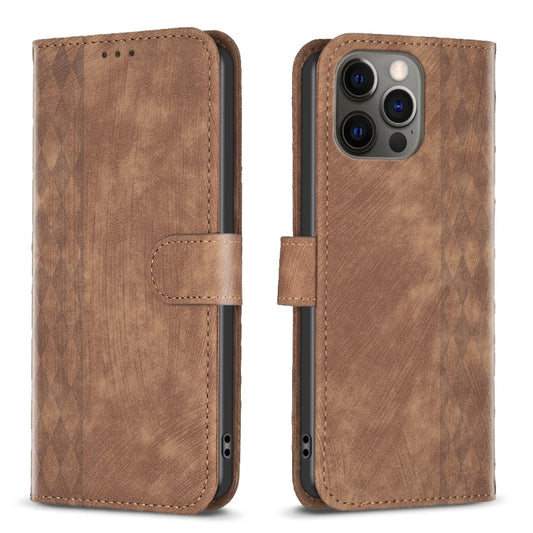 For iPhone 12 / 12 Pro Plaid Embossed Leather Phone Case(Brown) - iPhone 12 / 12 Pro Cases by PMC Jewellery | Online Shopping South Africa | PMC Jewellery