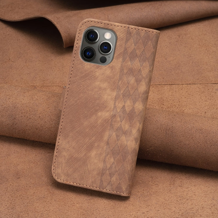 For iPhone 12 / 12 Pro Plaid Embossed Leather Phone Case(Brown) - free shipping - PMC TechLife - Order now!