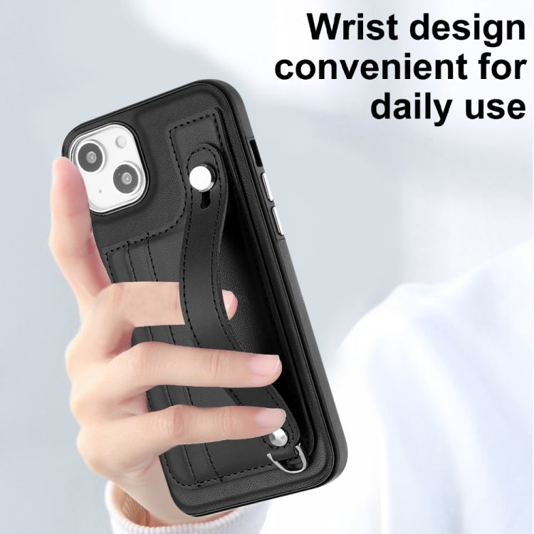 For iPhone 14 Shockproof Leather Phone Case with Wrist Strap(Black) - iPhone 14 Cases by PMC Jewellery | Online Shopping South Africa | PMC Jewellery