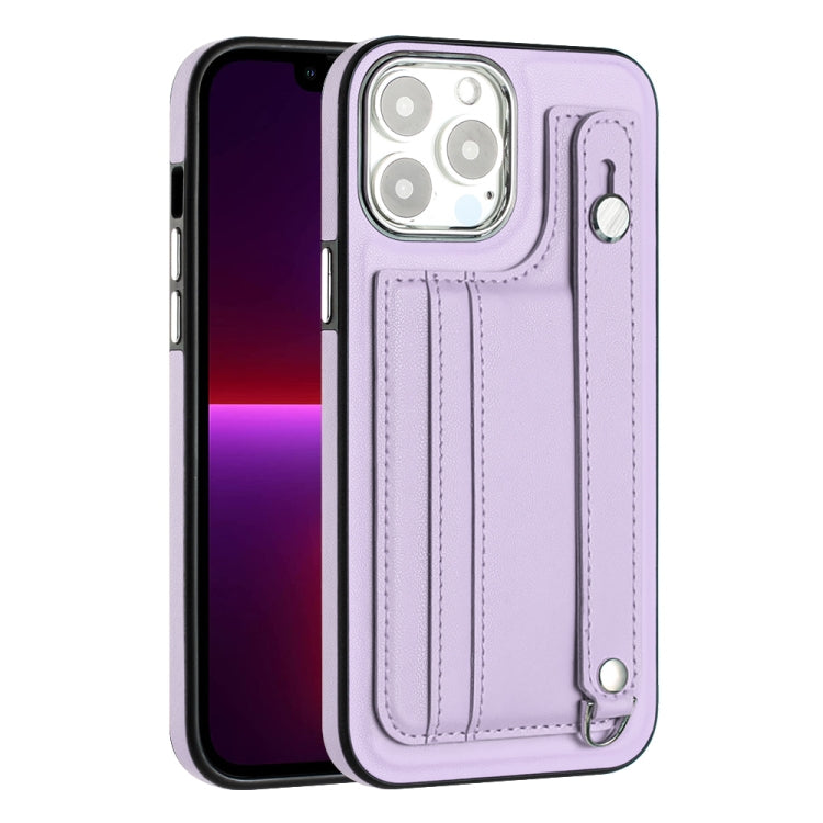 For iPhone 14 Pro Max Shockproof Leather Phone Case with Wrist Strap(Purple) - iPhone 14 Pro Max Cases by PMC Jewellery | Online Shopping South Africa | PMC Jewellery