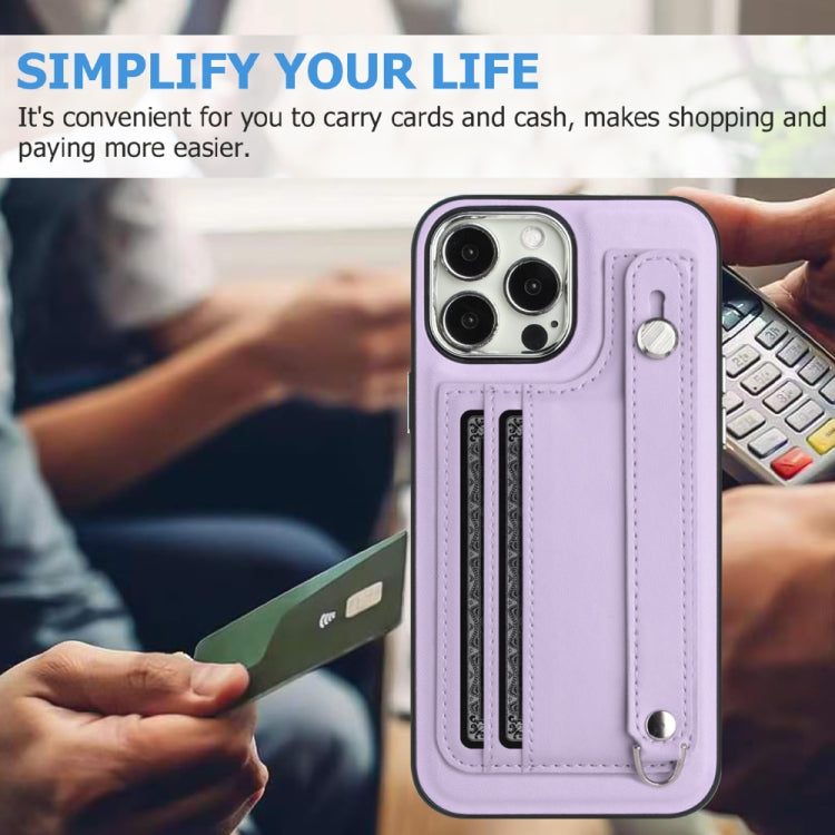 For iPhone 14 Pro Max Shockproof Leather Phone Case with Wrist Strap(Purple) - iPhone 14 Pro Max Cases by PMC Jewellery | Online Shopping South Africa | PMC Jewellery