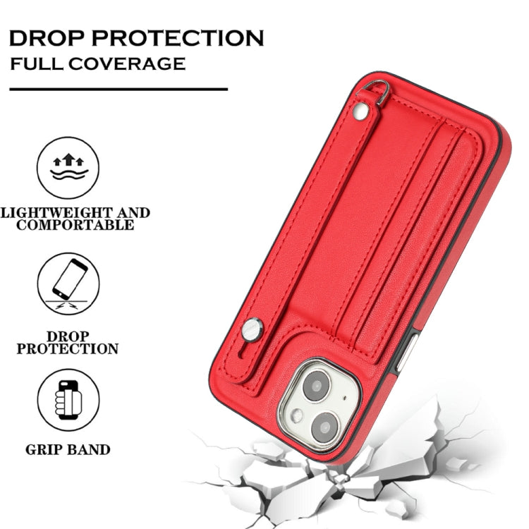 For iPhone 13 Shockproof Leather Phone Case with Wrist Strap(Red) - iPhone 13 Cases by PMC Jewellery | Online Shopping South Africa | PMC Jewellery