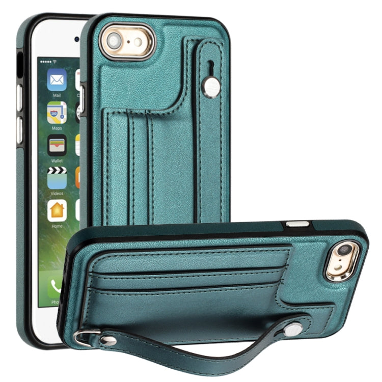 For iPhone SE 2022/SE 2020/6/7/8 Shockproof Leather Phone Case with Wrist Strap(Green) - iPhone SE 2022 / 2020 / 8 / 7 Cases by PMC Jewellery | Online Shopping South Africa | PMC Jewellery