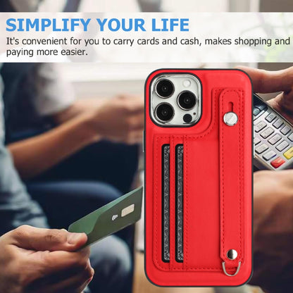 For iPhone 15 Pro Max Shockproof Leather Phone Case with Wrist Strap(Red) - iPhone 15 Pro Max Cases by PMC Jewellery | Online Shopping South Africa | PMC Jewellery