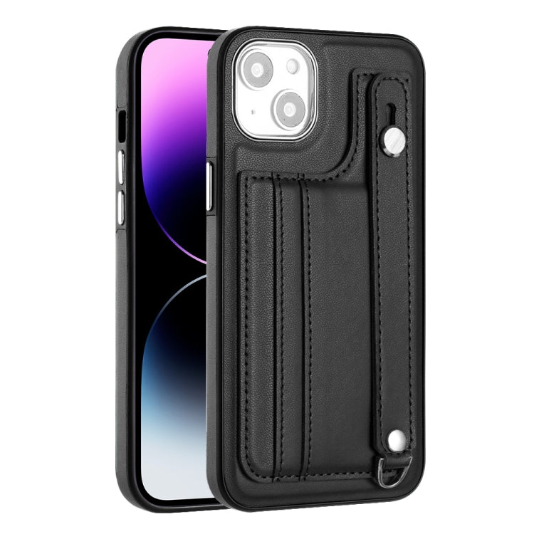 For iPhone 15 Shockproof Leather Phone Case with Wrist Strap(Black) - iPhone 15 Cases by PMC Jewellery | Online Shopping South Africa | PMC Jewellery