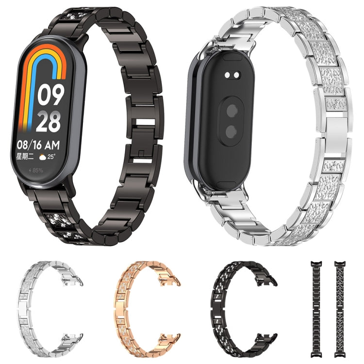 For Xiaomi Mi Band 8 Three-beads Full Diamond Metal Watch Band(Silver) - Watch Bands by PMC TechLife | Online Shopping South Africa | PMC TechLife