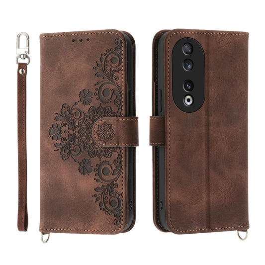 For Honor 90 5G Skin-feel Flowers Embossed Wallet Leather Phone Case(Brown) - Honor Cases by PMC Jewellery | Online Shopping South Africa | PMC Jewellery