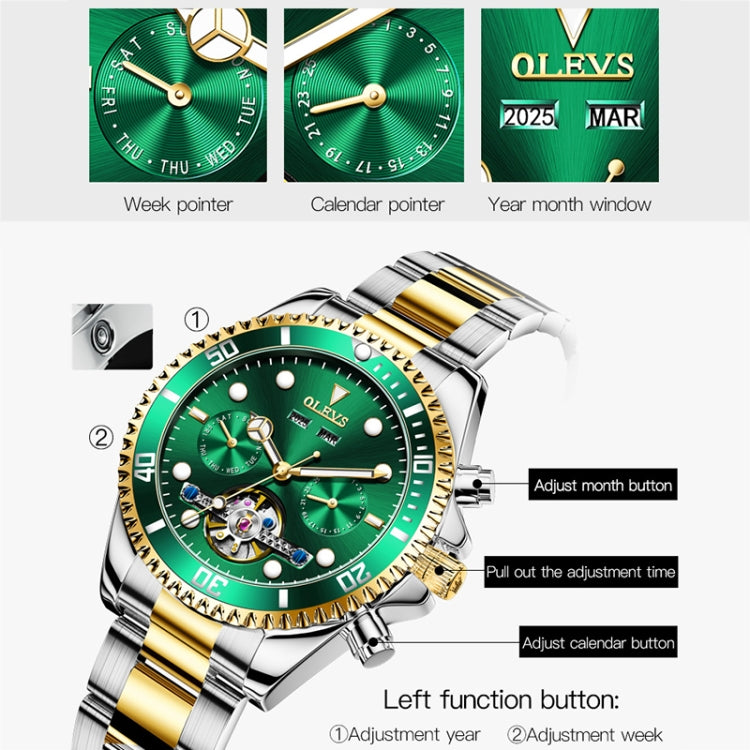 OLEVS 6605 Men Multifunctional Waterproof Mechanical Watch(Green) - Metal Strap Watches by OLEVS | Online Shopping South Africa | PMC Jewellery