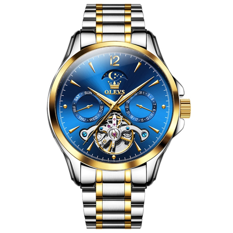 OLEVS 6663 Men Multifunctional Waterproof Hollow Steel Strap Mechanical Watch(Blue + Gold) - Metal Strap Watches by PMC Jewellery | Online Shopping South Africa | PMC Jewellery